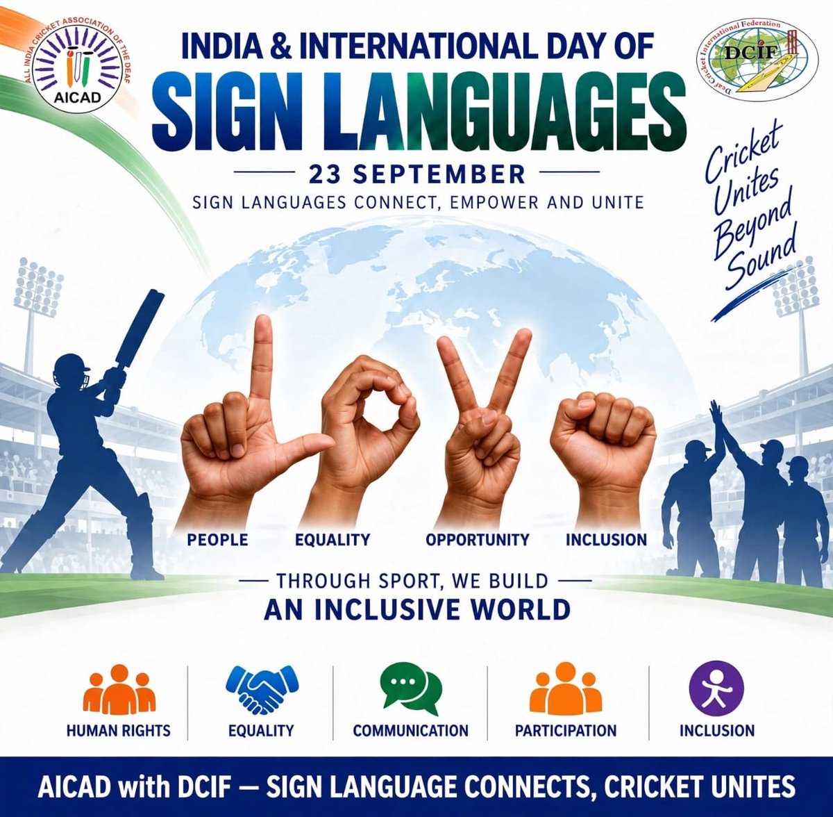 deaf_cricket's tweet photo. 🌍🤟 Celebrating the International Day of Sign Languages!
Sign languages are a powerful means of communication, identity, rights, equality, and inclusion for Deaf people around the world. 💙
DCIF#DeafCricket #AICAD #ICSD #IOC #DeafSports #DeafAthletes #Inclusion https://t.co/lJQG8aQWqp