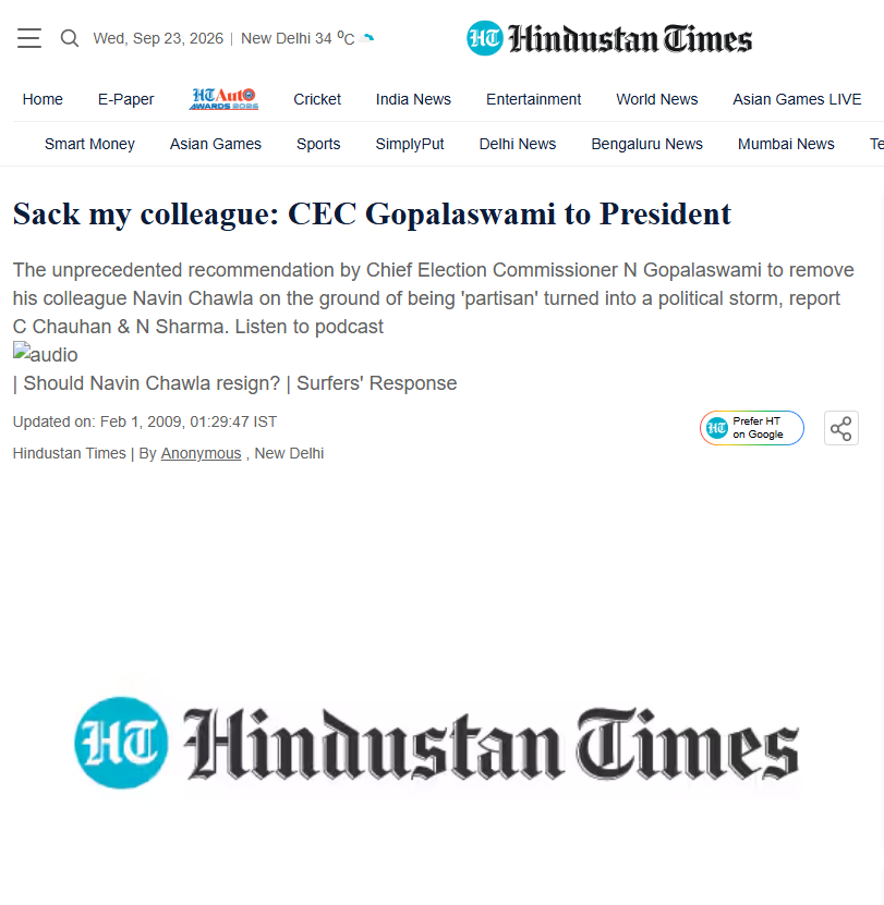 AbhishBanerj's tweet photo. How many people know this?

Just before 2009 election, the Chief Election Commissioner wrote a letter to the President

He said he wanted one of the Election Commissioners removed because of bias towards .....

Nothing happened. Media buried the story.

This was India. https://t.co/1HtvHQycgm
