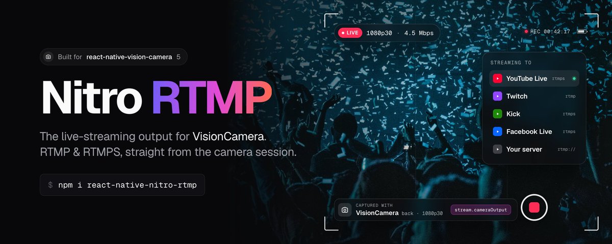 bhyoo99's tweet photo. Under the hood, per platform:

iOS: AVCaptureVideoDataOutput in VisionCamera's session → Metal compositor
Android: CameraX Preview straight into a GL SurfaceTexture

Then camera + overlay layers on the GPU, hardware H.264/AAC, and a sans-IO RTMP core shared by both. https://t.co/cyvnYsQIE3