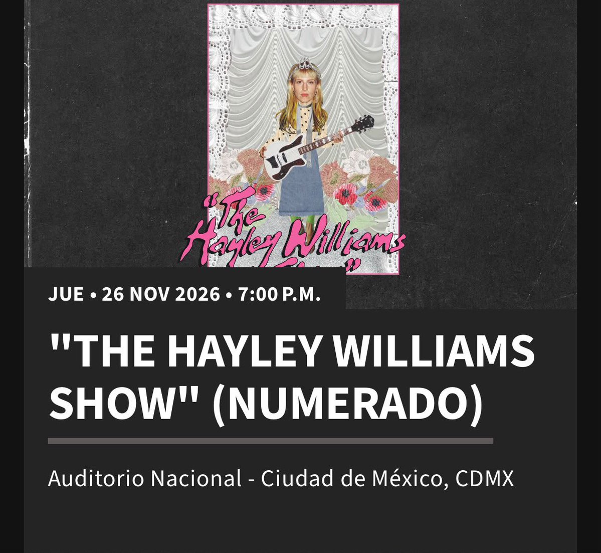 thegoodpaz's tweet photo. Vendo un boleto para el concierto de Hayley Williams en el Auditorio Nacional CDMX.

🗓️Fecha: 26 de noviembre 2026.
🕖 Horario: 7 pm.
💲Precio: $1,300 pesos.

El boleto es electrónico, se transfiere a tu cuenta de Ticketmaster. https://t.co/QCdcTBsTzL