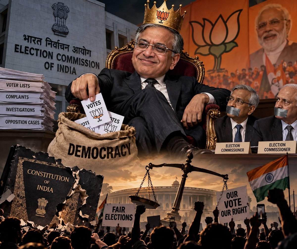 IYCGlobal's tweet photo. “Din dahade chori hai, Us par bhi sina zori hai! “
The Indian Express expose has blown the lid off the Election Commission. CEC Gyanesh Kumar has turned a constitutional body into a BJP affiliate, sidelining fellow commissioners and running a one-man authoritarian show.
#VoteChori #SaveDemocracy #ElectionCommission