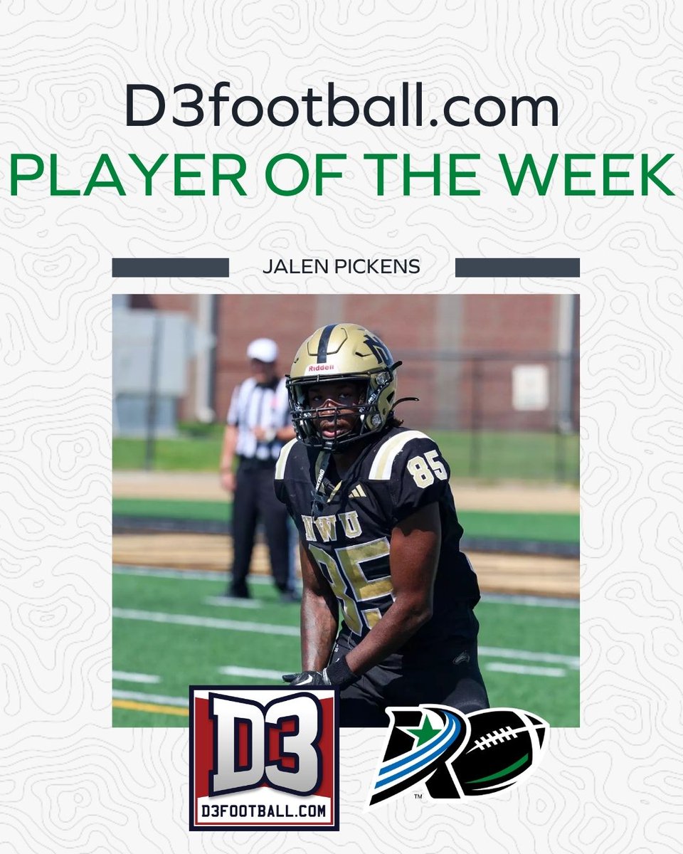 AmerRiversConf's tweet photo. 🏈 𝗗𝟯𝗳𝗼𝗼𝘁𝗯𝗮𝗹𝗹.𝗰𝗼𝗺 𝗧𝗲𝗮𝗺 𝗼𝗳 𝘁𝗵𝗲 𝗪𝗲𝗲𝗸.

Congrats to Jalen Pickens of @NWUSports on his @d3football Team of the Week selection ‼️

#rollriversFB https://t.co/7CqciNJ7iE