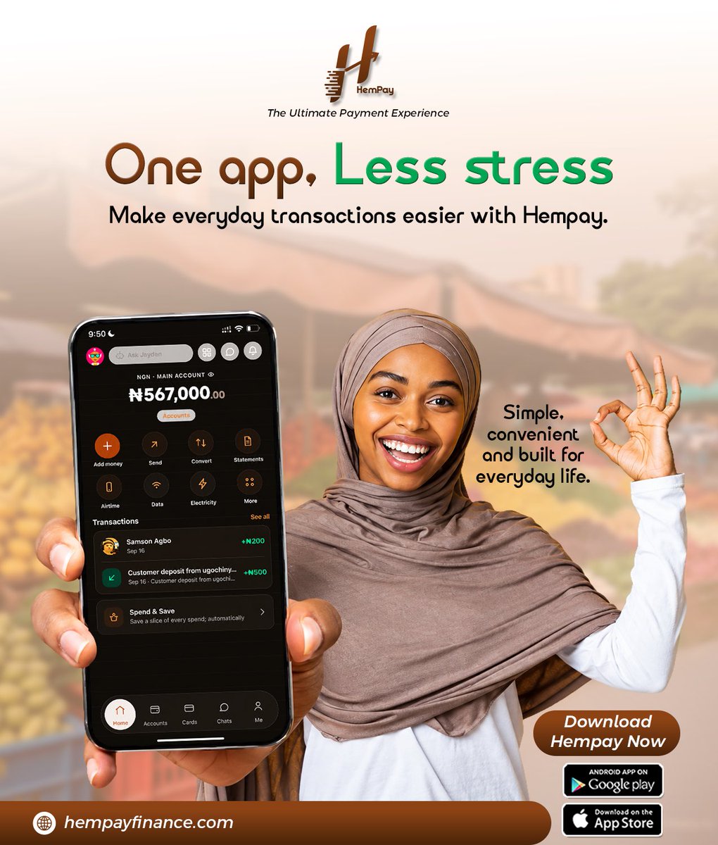 hempayfinance's tweet photo. Managing your money shouldn’t feel like you need five different apps to get through the day.

From sending money and buying data to handling everyday payments, Hempay brings the essentials together so you can spend less time figuring things out and more time getting things done.

One app. One place. Less hassle.

#Hempay #Fintech #DigitalPayments