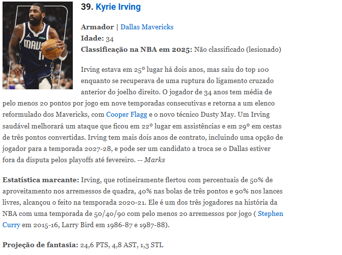 mestredosmavs's tweet photo. Top 100 da ESPN que antecede o início da nova temporada, Kyrie aparece na posição 39 e Cooper Flagg, aos 19 anos, está na posição 23. https://t.co/T2H9FiQlPO