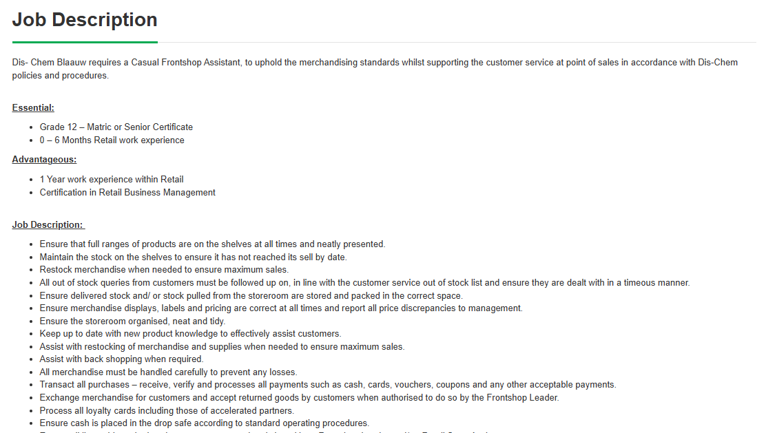 HunterSpani's tweet photo. Job Alert!!!

Company: Dis-Chem Pharmacies Limited
Position: Casual Frontshop Assistant
Location: Pretoria, Gauteng
Click here to apply: https://t.co/UTyoD3basE
Closing Date: 28 September 2026

Minimum Requirements:

Grade 12 – Matric or Senior Certificate
0 – 6 Months Retail work experience

Please refer to the picture for more info