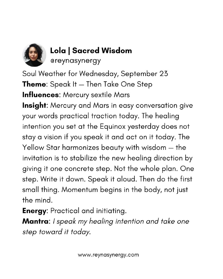 reynasynergy's tweet photo. Mercury sextile Mars Wednesday — your words have practical traction. The healing intention set at the Equinox doesn't stay a vision if you act on it today. Write it down. Speak it aloud. Take one small step. Momentum begins in the body, not just the mind. #SoulWeather #Mantra https://t.co/ppjFmRfYgi