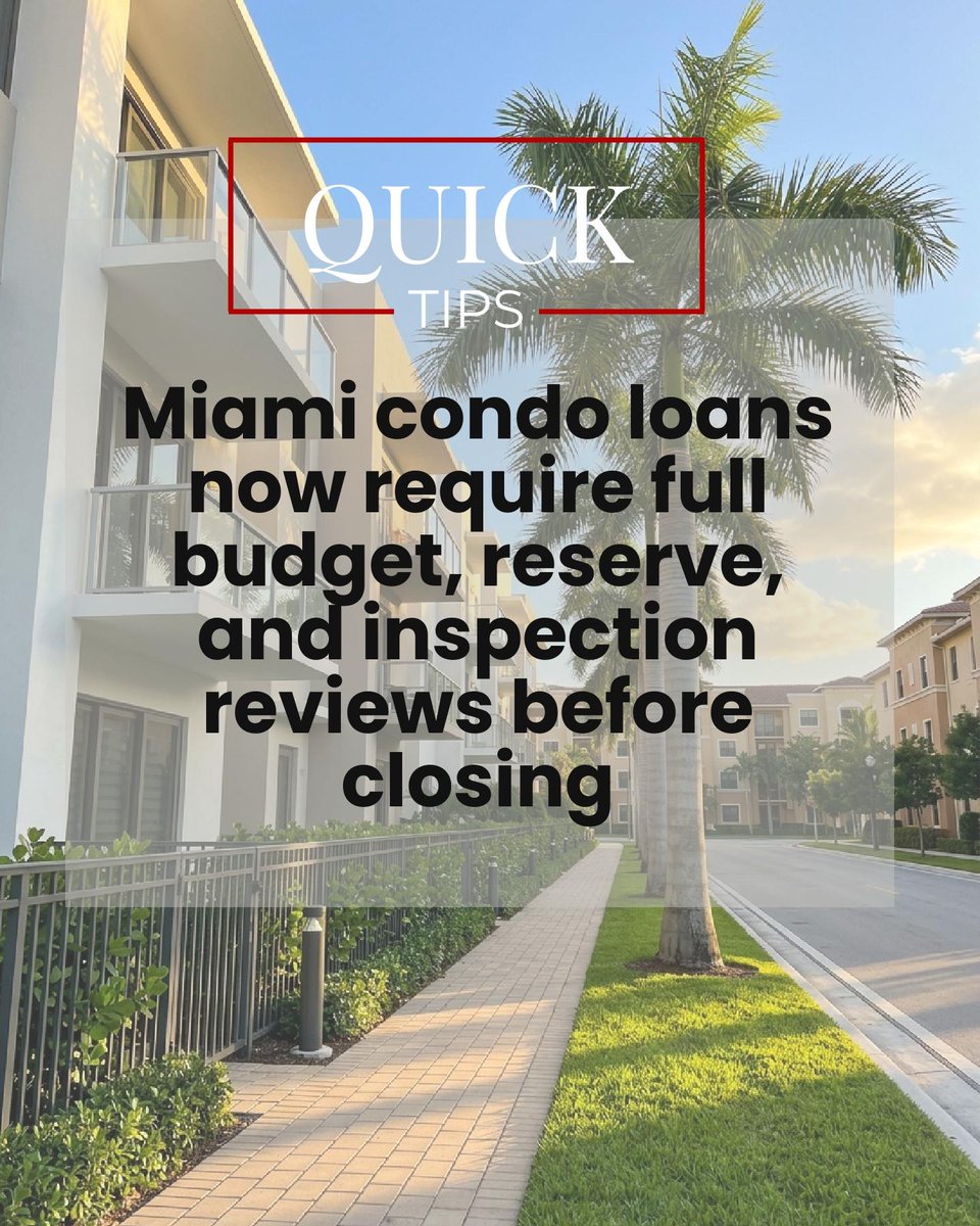 realtorpola's tweet photo. Condo loans in Miami now demand deeper reviews, think full dives into budgets, reserves, and inspections before closing. 🏢 How is this shift affecting your approach to buying, selling, or investing? https://t.co/iu6DrUw3ji