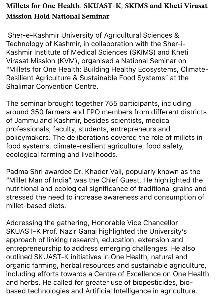 kvkkulgam's tweet photo. Millets for One Health: SKUAST-K, SKIMS and Kheti Virasat Mission Hold National Seminar. https://t.co/is0Ia8vGN6