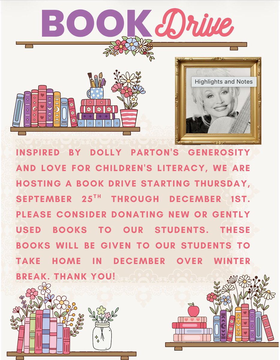 NorrisElem's tweet photo. Inspired by Dolly Parton's generosity and love for children's literacy, we are hosting a book drive starting Thursday, September 25th through December 1st. Thank you! https://t.co/nShx9hz546
