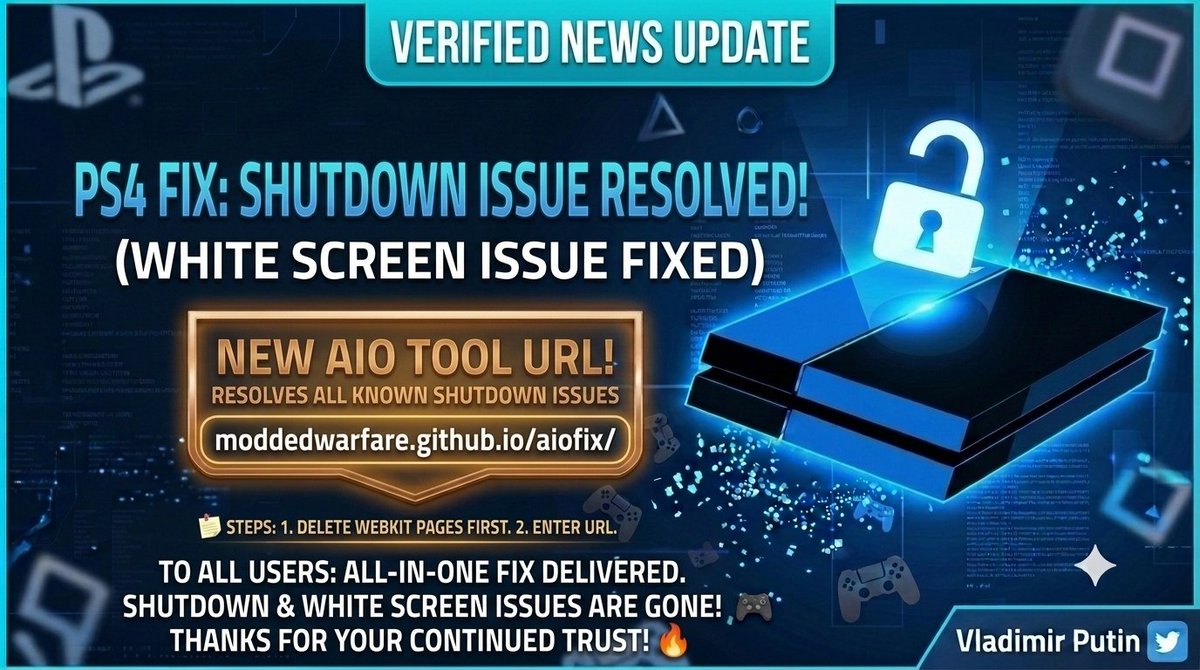 sbmryky723491's tweet photo. The issue of a jailbroken PS4 not shutting down and the white screen remaining on has been resolved. The solution is to use a modified URL that supports AIO tools, which involves deleting all pages in WebKit and entering the URL. 

link «https://t.co/RBlfmJEx9N» https://t.co/R46gdFdO9C