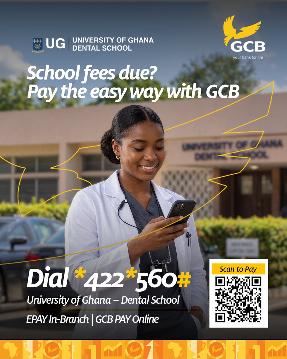 GCBBankPLC's tweet photo. School fees due? GCB makes payment easier.
University of Ghana Dental School students can dial *422*560#, pay via EPAY at any GCB branch, or use GCB PAY Online. Convenient options to keep you focused on your studies
#GCBBank #UGDentalSchool #Payments #GCBCares #YourBank4Life https://t.co/jFwQFoWIlo