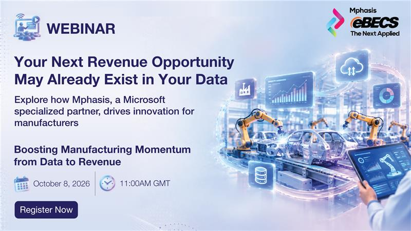 Mphasis's tweet photo. Manufacturers aren't short on data, but on visibility into where growth will come from next.

Join us for a discussion on how leading manufacturers are connecting data, decisions, and revenue outcomes in our open session on Boosting Manufacturing Momentum from Data to Revenue on October 8, 2026 at 11:00AM GMT.

Register Now! : https://t.co/S9bHXvo87j

#Webinar #Manufacturing #Data #StayAhead #EngineeringIsInOurDNA #IntelligentEngineering #AIWithoutIntelligenceIsArtificial