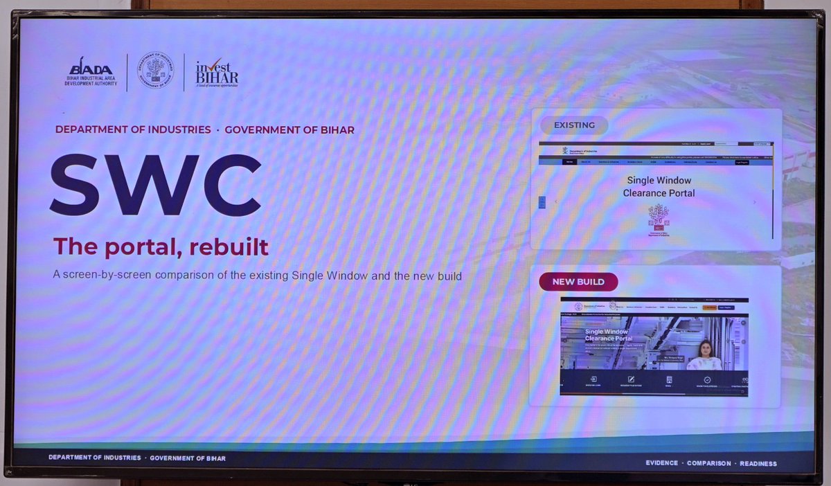 IndustriesBihar's tweet photo. One Portal. Simpler Approvals. A Smoother Investment Journey.

The Department of Industries, Government of Bihar, has launched the Revamped Single Window Clearance Portal, bringing key investor services together on a more structured, transparent and seamless digital platform.

Under the transformative leadership of Hon’ble Chief Minister Shri Samrat Choudhary @samrat4bjp and Hon’ble Industries Minister Ms. Shreyasi Singh @_ShreyasiSingh, the Government of Bihar is undertaking every possible effort to strengthen the Ease of Doing Business and create a more investor-friendly business environment. The revamping of the Single Window Clearance Portal is another important step in this direction.

The portal was launched by Shri Kundan Kumar @kundan_ias, Secretary, Department of Industries, during a meeting of the State Investment Promotion Board (SIPB) Secretariat .The Meeting was attended by Shri Mukul Kumar Gupta, Director of Industries; Shri Praduman Singh Yadav, Director, Food Processing, Shri Khandekar Shrikant Kundalik, Joint Secretary, Department of Industries, Shri Suresh Kumar Rungta, Vyavsai Aayog President, Shri Arvind Nirala, Vyavsai Aayog Vice President and other senior officials.

#BiharHaiTaiyar
🚨उद्योग और रोजगार के क्षेत्र में रफ्तार पकड़ता बिहार!
#BuildAndBelieveInBihar

@CimGOI  @officecmbihar @DoC_GoI @BiharIndustries @BIADAbihar @BiharCabinet @investBihar @ficci_india @bimcgl @IPRDBihar @BSPCBOfficial @idabihar @startup_bihar @FollowCII @lubindia