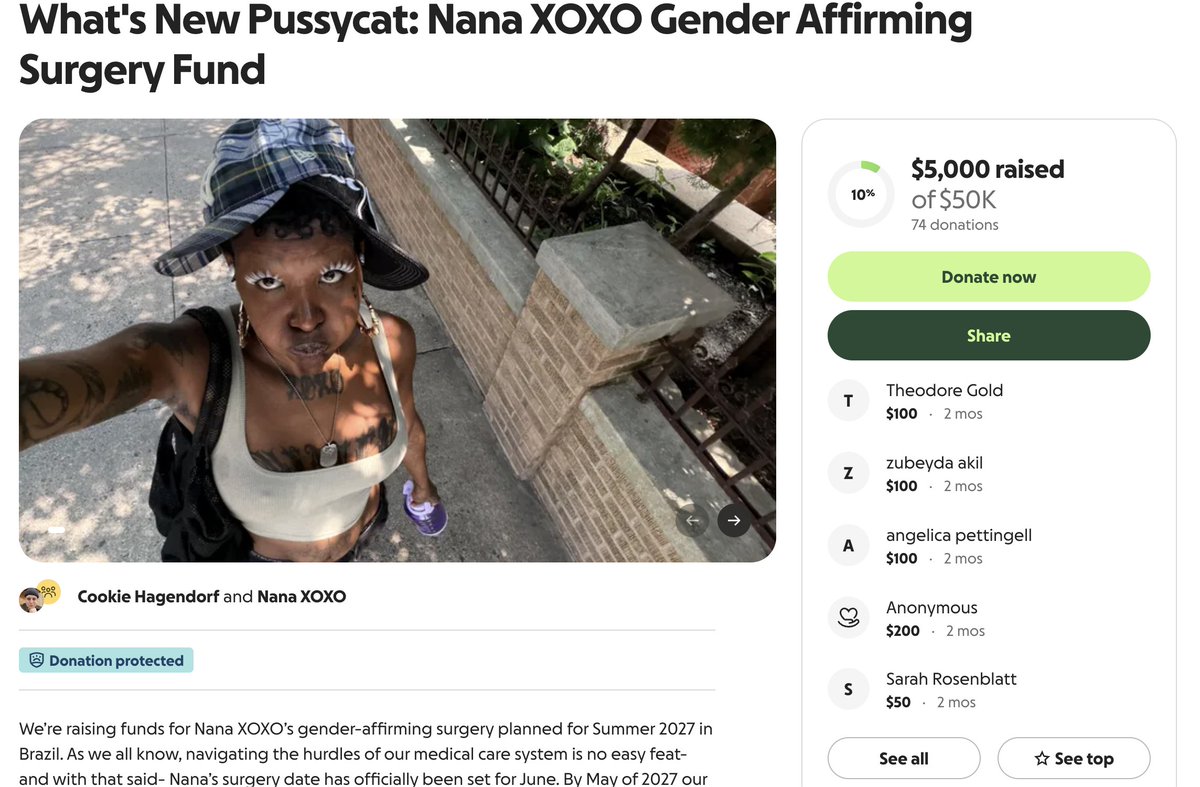 FundMyFraud's tweet photo. Apparently the friend of "Nana XOXO" is trying to raise money for so-called "gender affirming surgery", or as we in the business call it: mutilation.

There's a never-ending stream of these sorts of fundraisers for medical mutilation, and it's always insane to me that they net any money at all. I suppose I should just be grateful that these surgeries aren't being handed out for free on the taxpayer dime every single time.