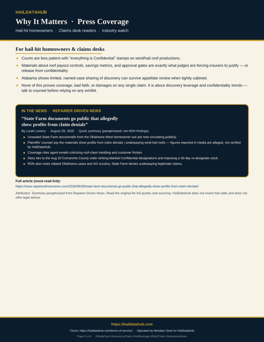 HailDataHub's tweet photo. Courts press State Farm on wind/hail claim secrecy (AL + OK Aug 2026).

AL Supreme Court: sharing ≠ per se illegal
OK West: blanket Confidential stricken

RDN:

#StateFarm #HailDamage #RoofClaim #InsuranceNews #HailDataHub https://t.co/kY7WhlhbvW