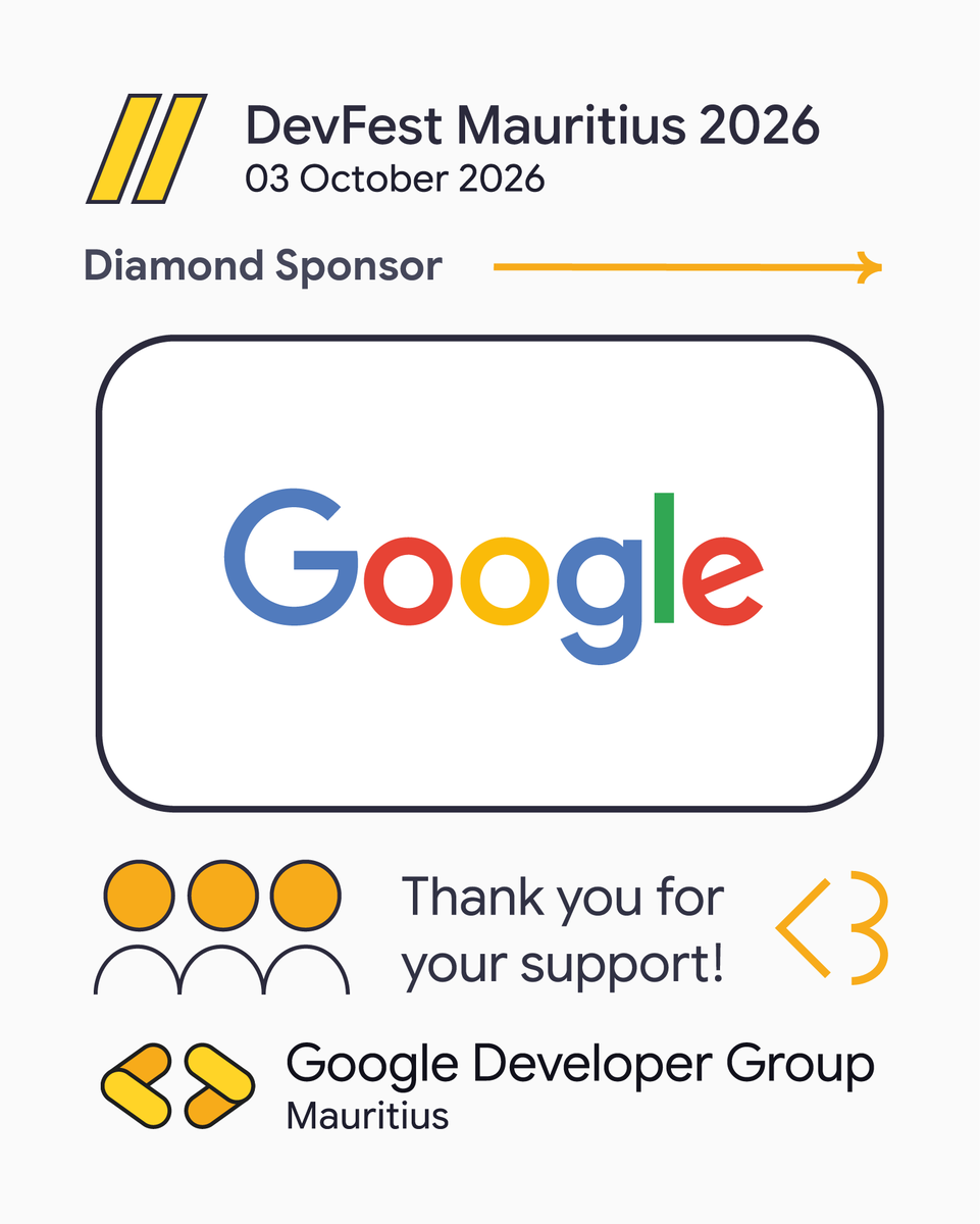 MSCraftsman's tweet photo. Weโre proud to have Google on board as a Diamond Sponsor for DevFest Mauritius 2026.
๐
03 October 2026
๐ African Leadership College of Higher Education (ALCHE)
๐๏ธ Reserve your ticket: https://t.co/Jpr32SgfeQ
Letโs build whatโs next.
#DevFestMauritius #GDGMauritius https://t.co/3WfnpKplSm