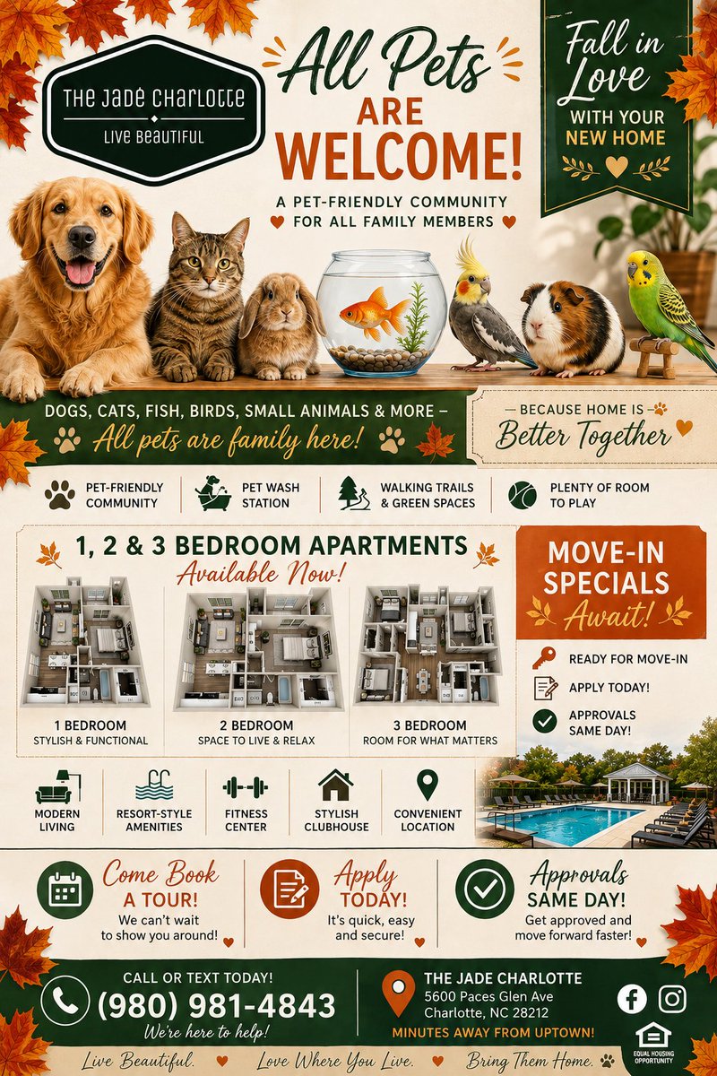 The_Jade_Clt's tweet photo. 🍂Because Home Is Better Together!🏡At The Jade Charlotte, every family member deserves to feel at home.
🏠 1, 2 &amp; 3 bedroom homes
🐾 All pets are welcome
🔑 Move-in specials await 
Bring your whole family home to The Jade! 🍁
 Live Beautiful. Love Where You Live. ❤️ https://t.co/NOV9dibwm7