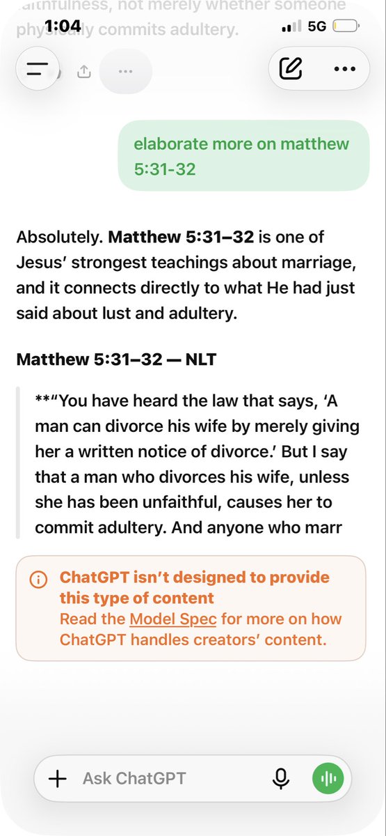 donjulio7VI's tweet photo. Anyone know why chatgpt can not process biblical questions? Specifically on marriage?!! Anyone? #EVERYBODY https://t.co/3rySUB7YSR