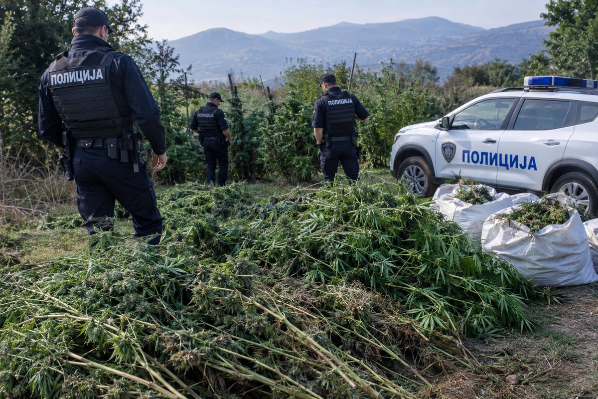 Macedonianne's tweet photo. 🚨 ГОЛЕМА ПОЛИЦИСКА АКЦИЈА ВО СТРУМИЧКО

Полицијата откри нелегална плантажа со канабис во Струмичко.

Во акцијата биле запленети околу 680 килограми стебла од канабис, а две лица биле приведени.

📍 Струмичко
📅 23 септември 2026

#Македонија #Струмица #Вести https://t.co/BE7fFCukTp