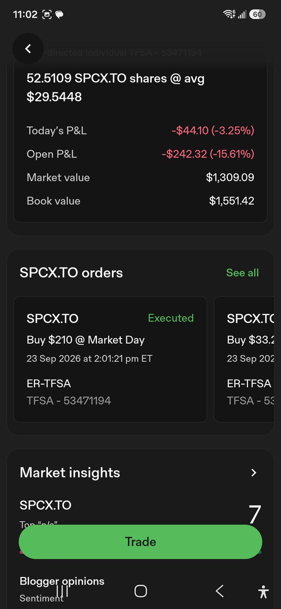 NYCARE_Wellness's tweet photo. I have been buying a few $SPCX.TO lately. It's a good strategy to shorten the gap from the IPO price & current market price. 

So far, even after selling $SPCX.TO of over $6,000 (used for emergency expenses related to newly bought vacant land development), I still have investment of around $14,700 in $SPCX.TO. 

It's still down around 15%-17%. Thus, when it gets closer to under 5%, I usually takes it out; hedges the funds and diversified my portfolio. I find it a good portfolio risk management 📊. 

It's a win-win situation or at least minimized losses. At the end, everybody wins through diversification & hedging, a portfolio risk management strategy better than gambling your 💰money, with no investing & trading system in place. ^ ER ✍️ (@earlariopel)

Image Sources: #Wealthsimple #Questrade #YahooFinance