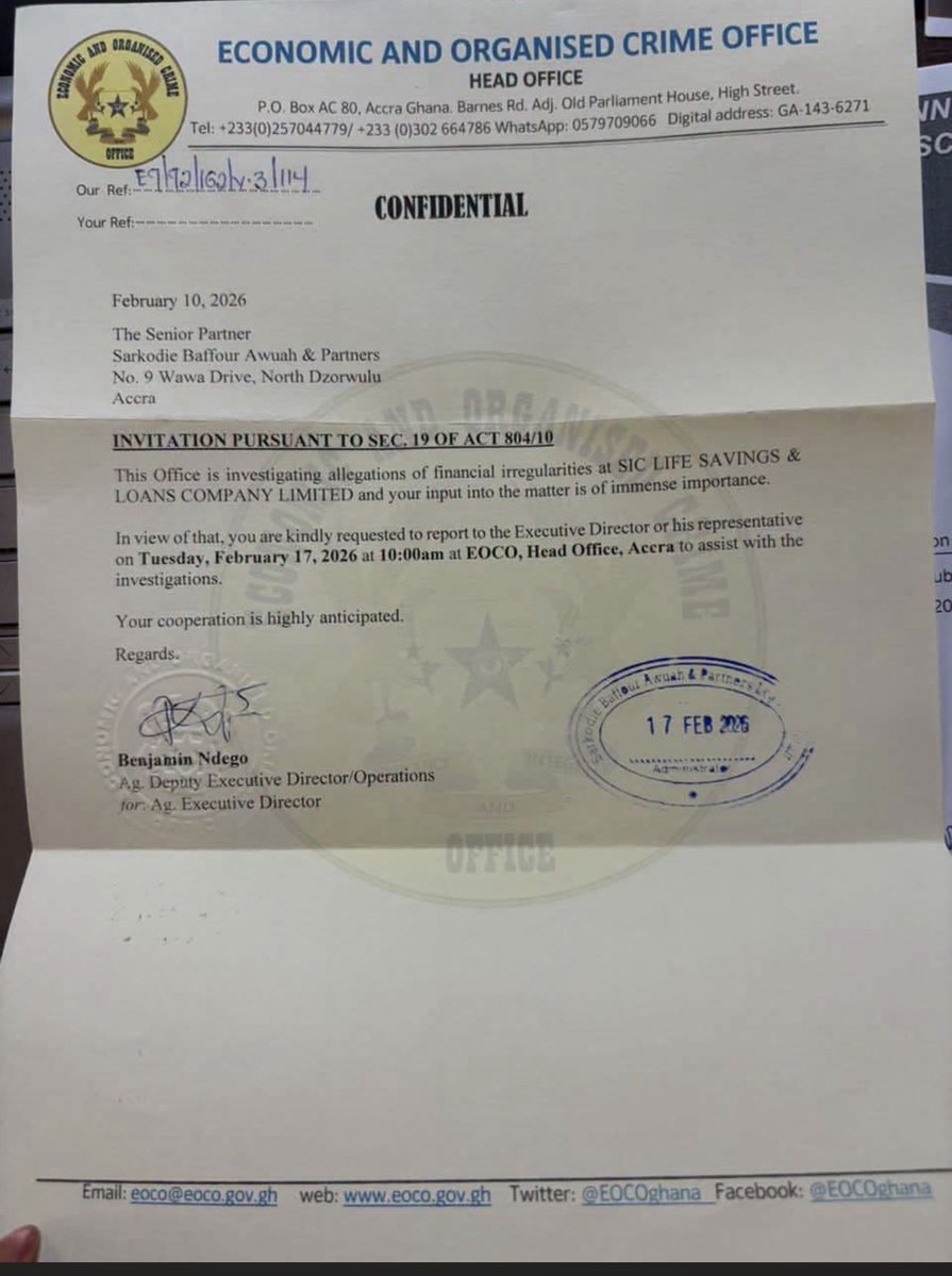 Eyewitnessgh's tweet photo. EOCO releases two invitations letters that were sent to Manhyia South MP, Nana Agyei Baffour to attend upon the Agency, but he never honoured any of the invitations, since February, 2026

Read here👇👇 https://t.co/gUKpTkTZbD