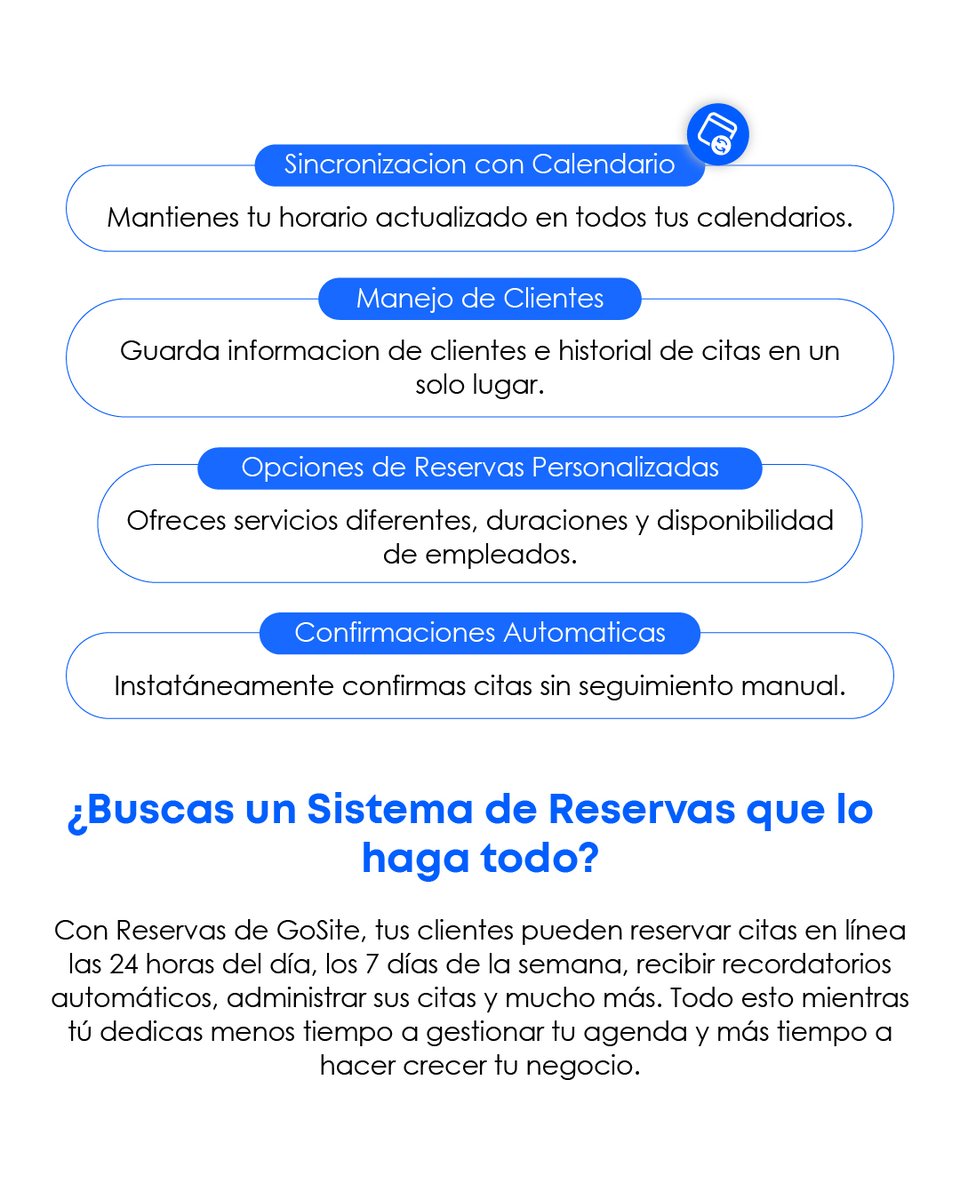 gositeinc's tweet photo. ¡Asegúrate de que tu proceso de reservas trabaje para ti y no en tu contra! Estas son algunas de las características esenciales de Reservas de GoSite 💻🗓️
#reservas #gosite #agendas #citas https://t.co/Fi4EOzr9Bo