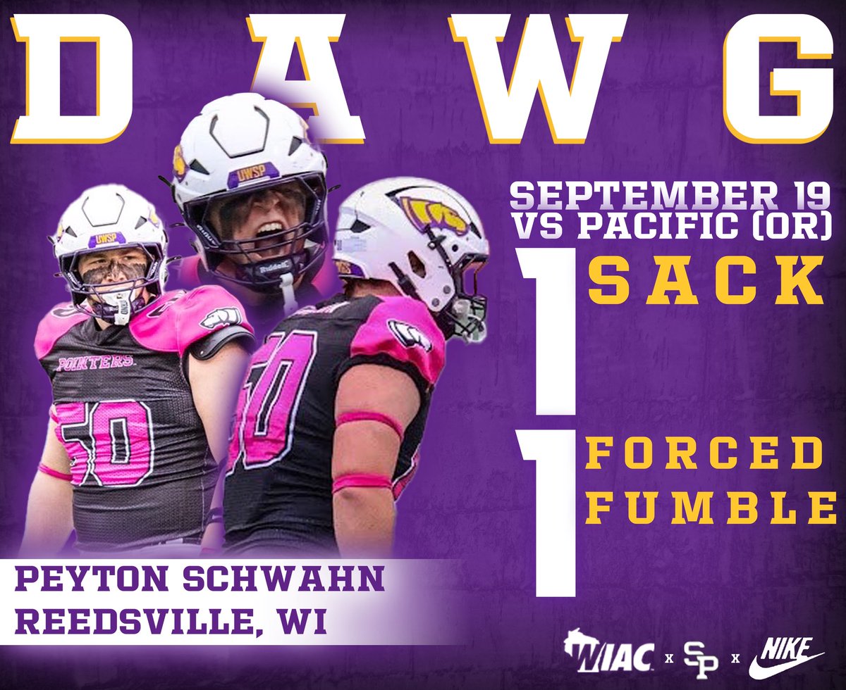 UWSPFootball's tweet photo. Week 3 Player Spotlight

Senior DL Peyton Schwahn’s huge 3rd quarter sack and forced fumble led to a UWSP touchdown on the next play during Saturday’s Pink Game!

#AboveTheLine | #DawgDNA🧬 https://t.co/SkHG1WgZBU