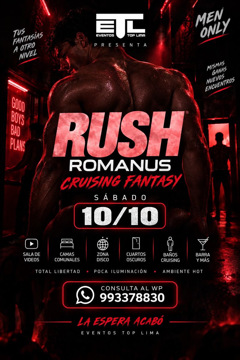UnIngCivilAct's tweet photo. RUSH — CRUISING FANTASY 🌑
📅 10/10 • Jesús María
Regresa la disco cruising más hot de Lima y estaré listo para darles toda mi leche hasta el amanecer!!
INFORMACIÓN
🔥 @etlima69
📱 993 378 830
#RushRomanus #Cruising #GayLima #MenOnly #LimaGay https://t.co/xM65z9JX1r
