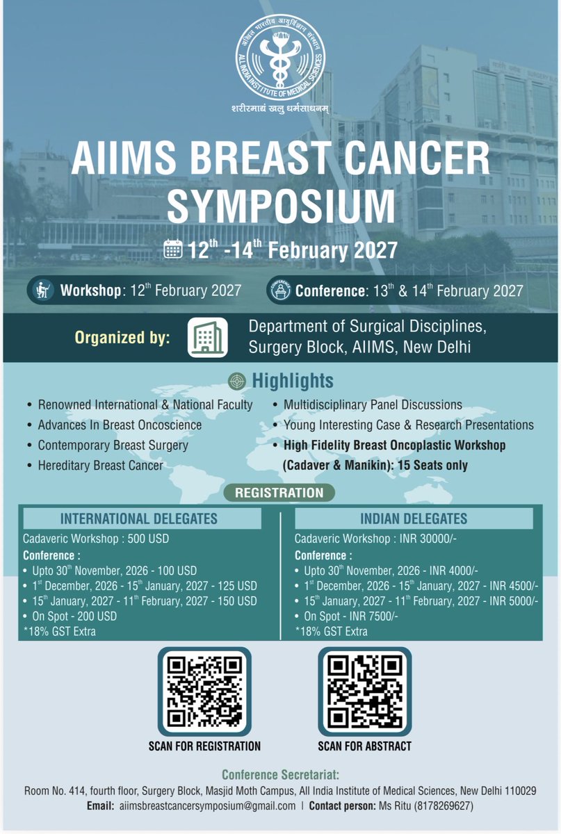 AIIMS_BreastSym's tweet photo. Registration and Abstract Submissions are now open for the AIIMS Breast Cancer Symposium 2027 !! 
#ABC2027 https://t.co/IvMfrsCczV