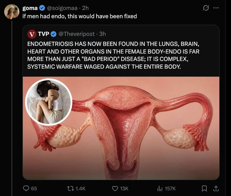 bryan_johnson's tweet photo. I'm focusing a significant amount of my time trying to build a cure for Kate's endometriosis. It's a gnarly and devastating disease that affects 10% of women. Relative to the suffering it creates, it's underfunded, poorly understood and has largely been ignored. https://t.co/8nBCE71gZE