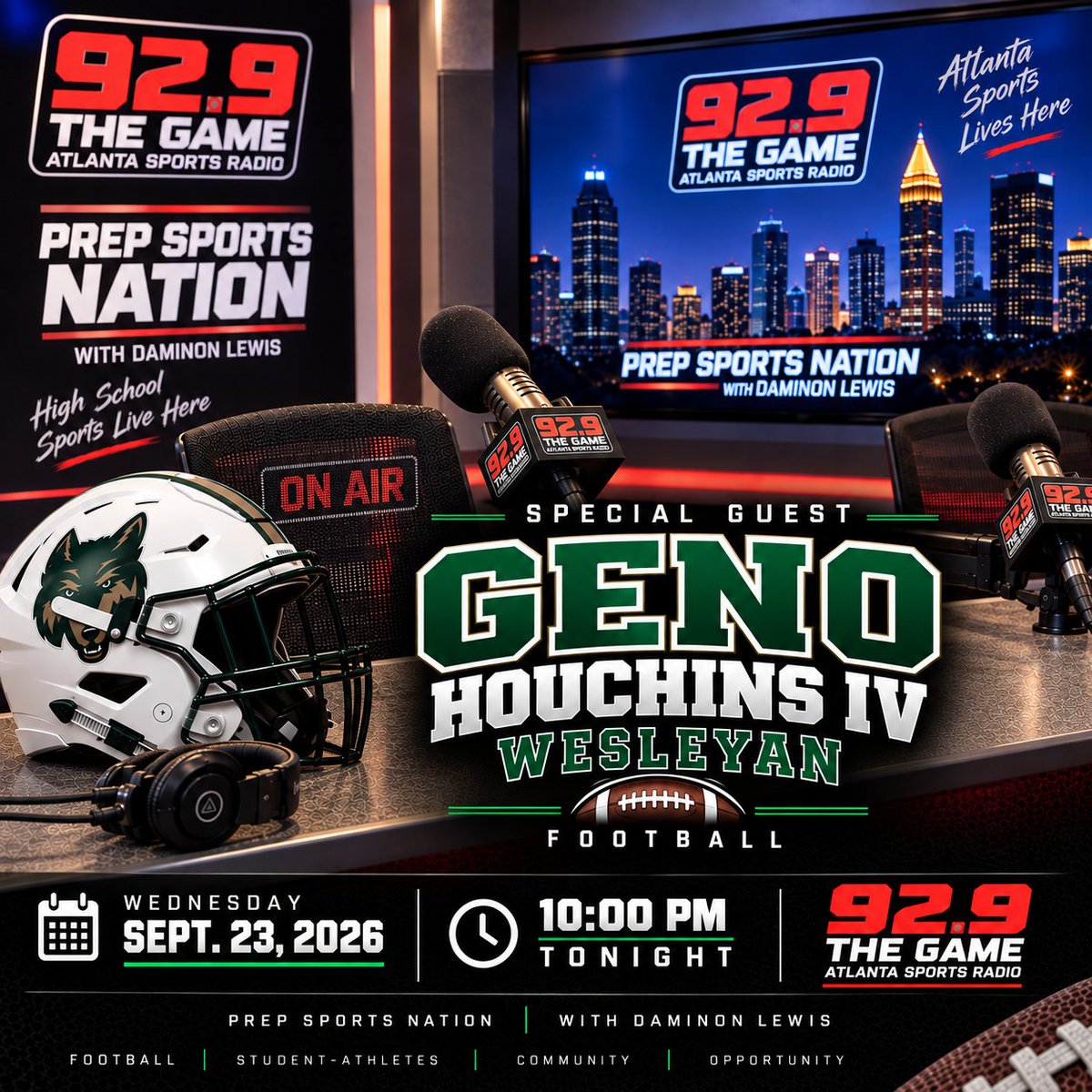 HouchinsIV's tweet photo. Excited to be on 92.9 THE GAME tonight, with Prep Sports Nation host @TheDLewis4Real.   

Talking GA HS football, the WESLEYAN season, some memorable moments, and what’s ahead.

📻 Tonight | 10 PM | 92.9 THE GAME
Appreciate the opportunity! 🐺🏈@ps_nation_ @929TheGame @ajcvarsity @FranklinPridgen