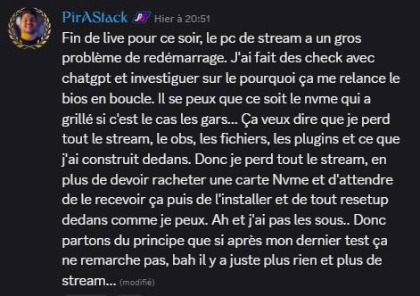 PirAStackTV's tweet photo. 🚨URGENT - LE SSD DE PIRASTACK A RENDU L'ÂME

Le SSD du PC de Stream de Pira est mort hier soir pendant son live malgré les nombreux tentatives pour essayer de le sauver

Il a tout perdu : Vidéos / REC, Settings OBS (scripts, plugins, etc...) ce qui représente beaucoup de travail https://t.co/KALyUlPHod