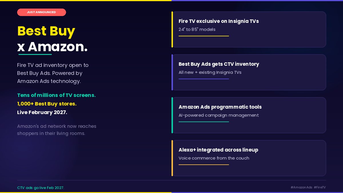 d_chakrabarty_'s tweet photo. Amazon just announced a major ad expansion.

Best Buy Ads now gets access to Fire TV ad inventory on all Insignia TVs. Powered by Amazon Ads tech. Live February 2027.

Thread ↓ https://t.co/xpUfCgQk3r