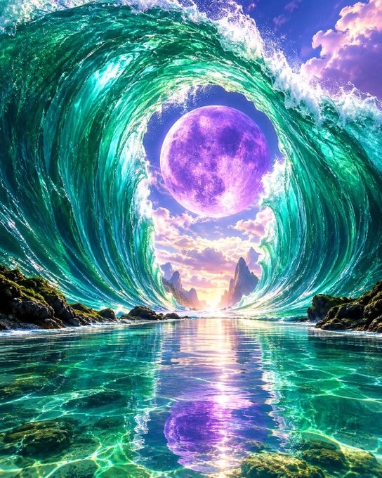 A surreal digital artwork featuring a massive wave forming a circular portal around a glowing purple moon, with crystal-clear water and rocky shores below.