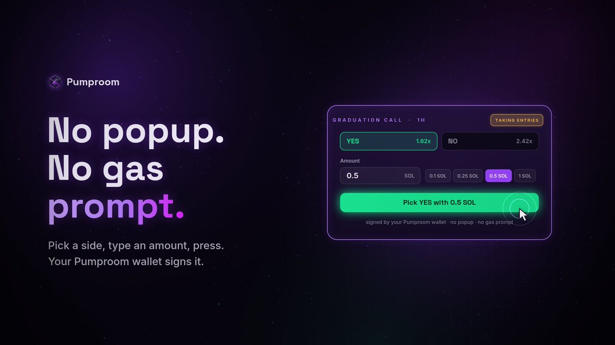 PumprSOL's tweet photo. No popup, no wallet extension, no gas prompt. Pick a side, type an amount, press the button. Your Pumproom wallet signs it and the entry is in the pool a few seconds later. https://t.co/1gVpxEFjBw