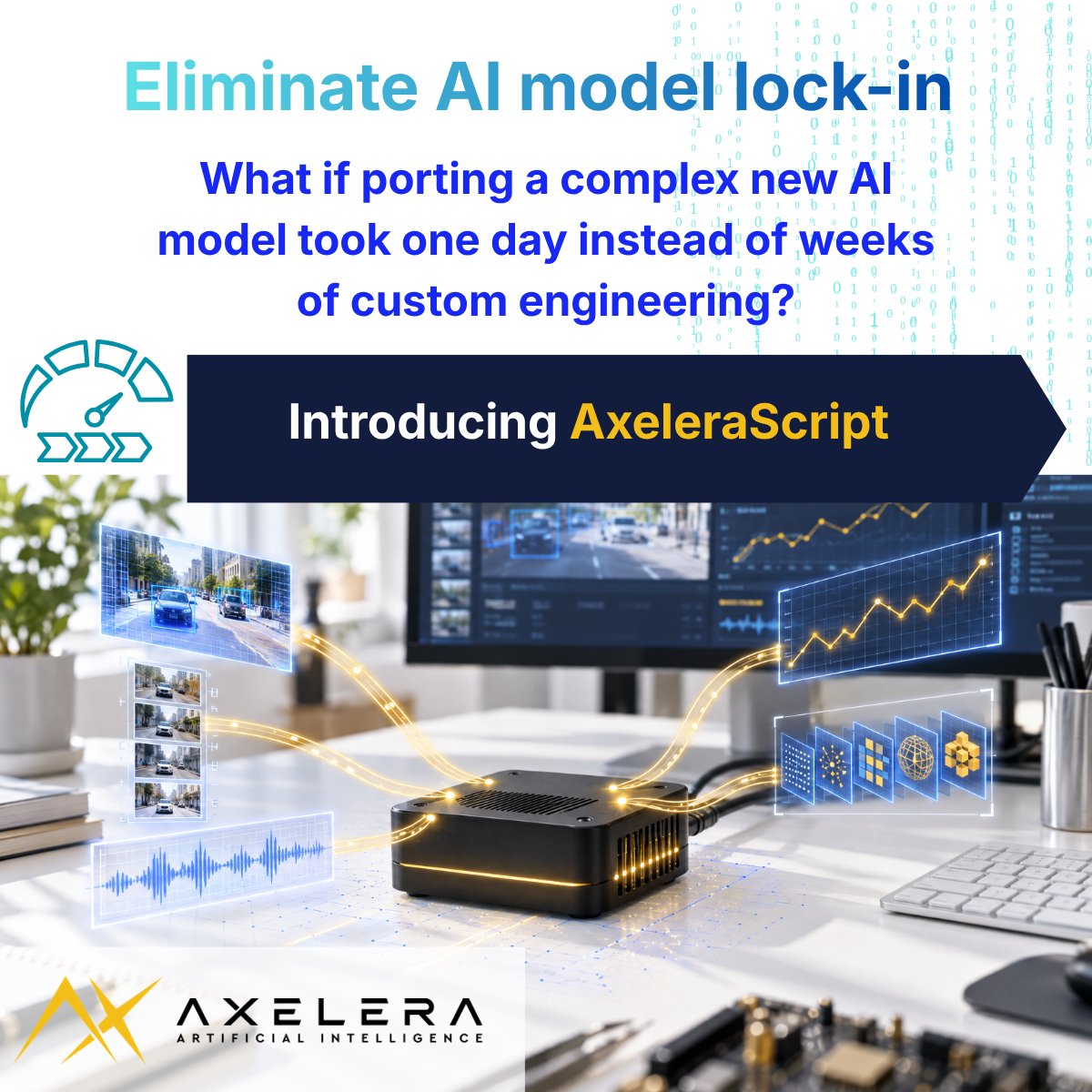 AxeleraAI's tweet photo. Most edge AI deployments hit an invisible wall: vendor lock-in. When teams build custom AI models, they often wait months for hardware vendors to support them.

Today we are introducing AxeleraScript (AxScript): an industry-first programming model delivering full silicon programmability at maximum performance.

AxScript lets you compile and run any custom AI workload directly on Axelera hardware.

Key benefits for enterprise leaders: • Accelerated Time-to-Market: Port complex architectures in days using AI-assisted workflows. • Zero Vendor Lock-In: Deploy proprietary models without waiting on vendor roadmaps. • Future-Proof Investment: Write once to target Metis, Europa, and future silicon like Titania.

The future of edge AI belongs to teams who control their own models.

Read the full blog post by Alexis Crowell: https://t.co/C4eauEUzYp (https://t.co/wbyp6nwu7q)

#EdgeAI #EnterpriseAI #AIInference #Semiconductors #AxeleraAI #modelzoo