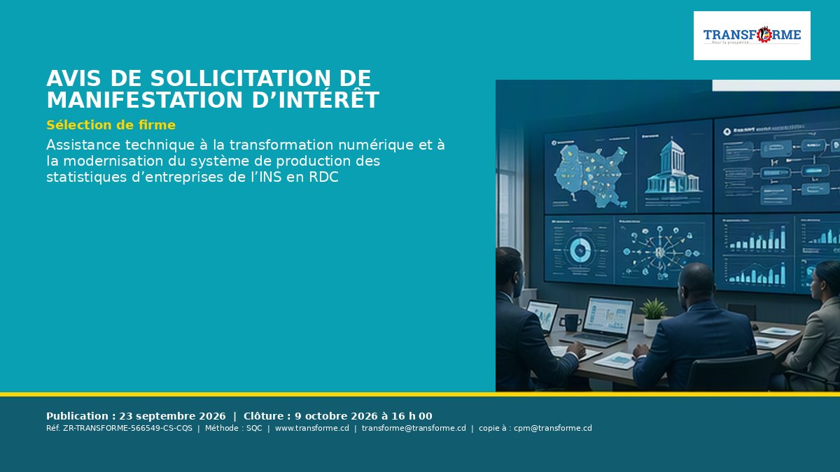 RdcTransforme's tweet photo. Le Projet TRANSFORME recrute un cabinet pour accompagner l’INS dans la transformation numérique et la modernisation du système de production des statistiques d’entreprises.
Réf. : ZR-TRANSFORME-566549-CS-CQS
Clôture : 9 octobre 2026, 16 h 00
https://t.co/to2tUwXaUs https://t.co/QM3Fp5lLvf