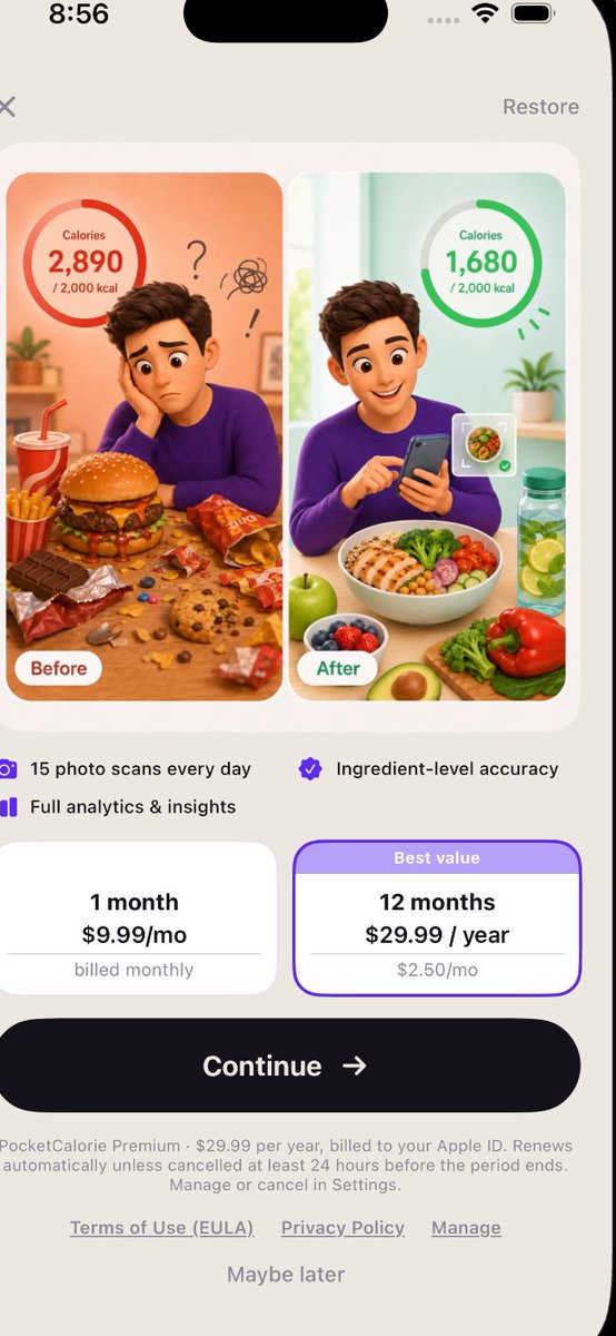 its_oByes's tweet photo. Day 1 of improving  my IOS app paywal wall by 23%

🚨 showing the before vs after using PocketCalorie
🚨 showing best value , cheaper than other compititors https://t.co/ndafT12U7T