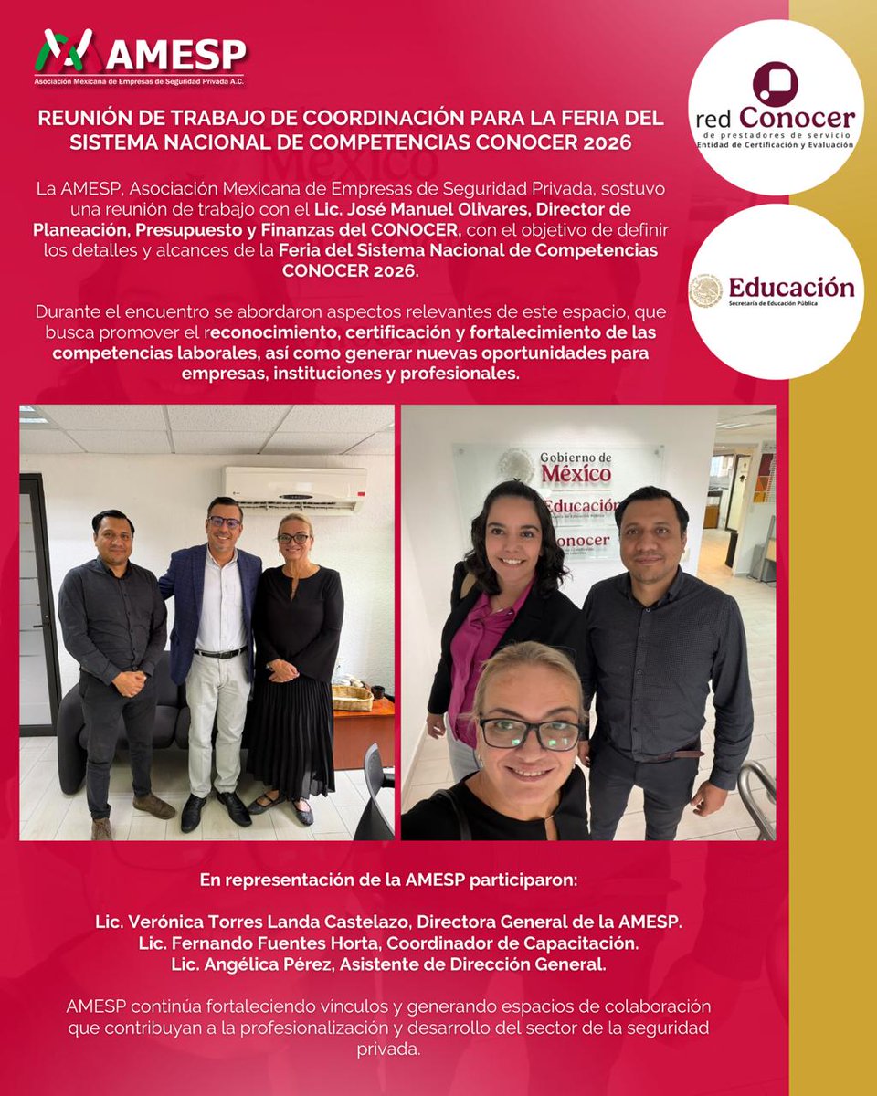 AMESP_oficial's tweet photo. Reunión de Trabajo de coordinación para la Feria del Sistema Nacional de Competencias CONOCER 2026

En representación de la AMESP participaron:

Lic. Verónica Torres Landa Castelazo Directora General 
Lic. Fernando Fuentes Horta
Lic. Angélica Pérez https://t.co/c9I8TzgrN1
