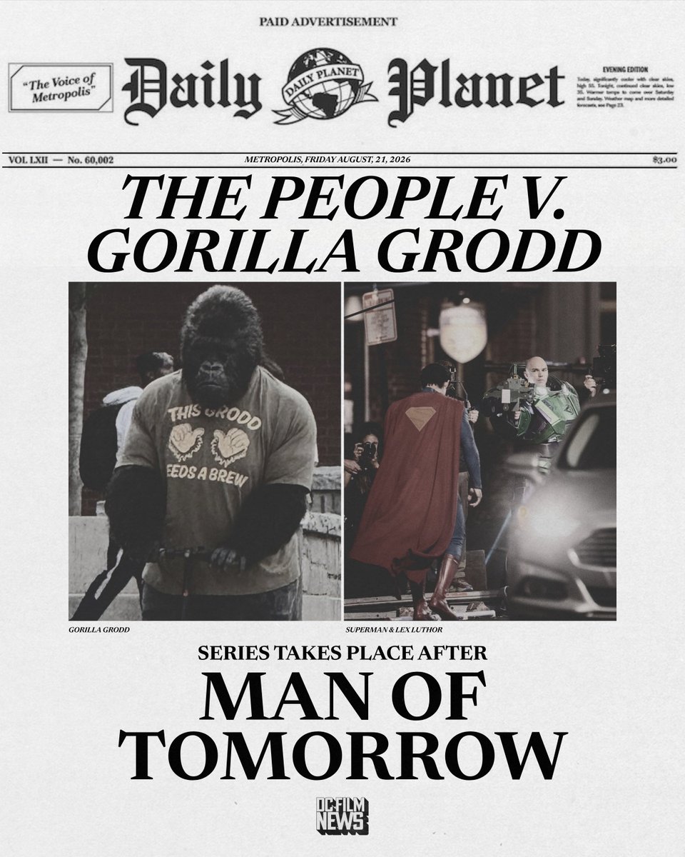 DCFilmNews's tweet photo. James Gunn confirms THE PEOPLE V. GORILLA GRODD takes place after the events of MAN OF TOMORROW. https://t.co/pf8AyOdUed