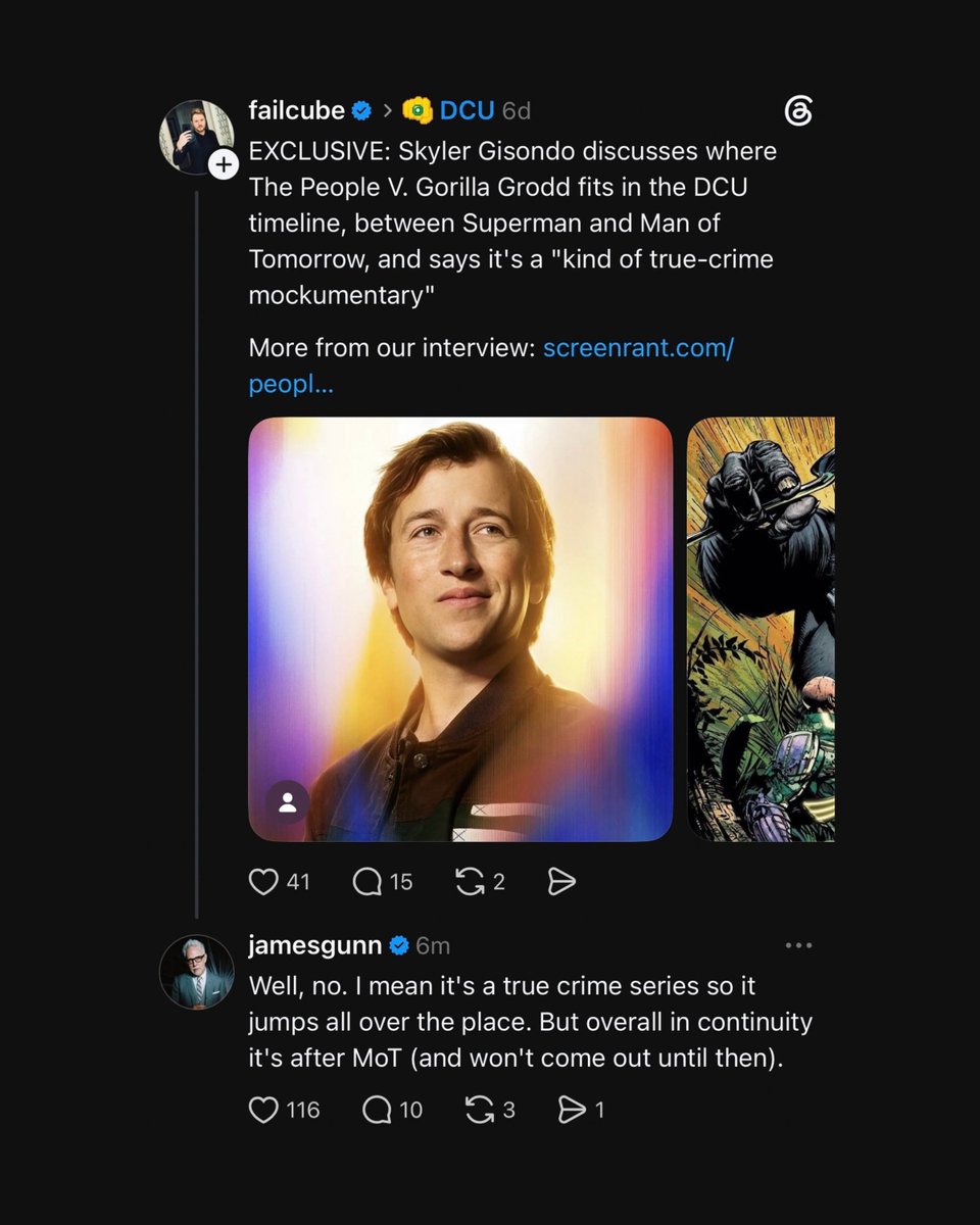 DCFilmNews's tweet photo. James Gunn confirms THE PEOPLE V. GORILLA GRODD takes place after the events of MAN OF TOMORROW. https://t.co/pf8AyOdUed