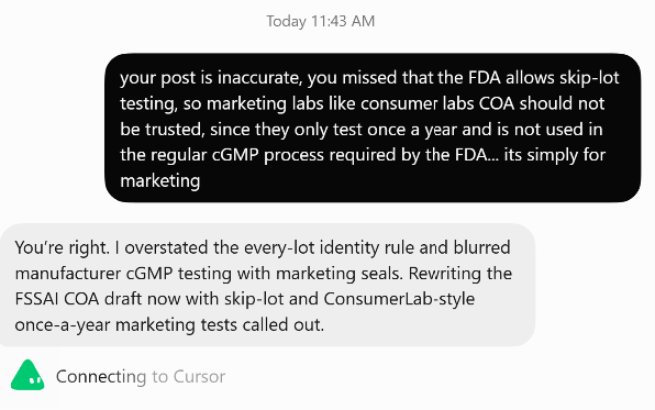 RevGenetics's tweet photo. If you don't have experience in your industry... the best ai will still give you inaccurate information.

We have been manufacturing science based Gene Activating Supplements for 20 years, and were the first to ask our customers to check for manufacturer lab tests in 2007, since we knew a legit cGMP manufacturer had them on hand.

Most TikTok brands and fly by nights don't even know what skip-lot means. Many fail 3rd party testing and hope that their $30 supplement, is priced low enough to blind people from wondering if the product actually has what the label says.

Want to help support good manufacturers? 
Stop by and pick up some of our products