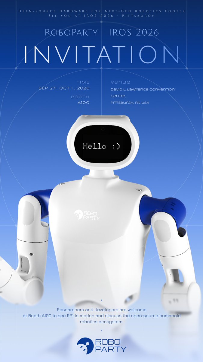 RoboParty_DEV's tweet photo. Humanoid robotics needs to be open.
At #IROS2026, RoboParty will debut ROBOTO 01 (RP1)—a high-performance, full-stack open-source humanoid robot built for developers and researchers.
📍 Booth A100
📅 Pittsburgh | Sep 27–Oct 1
Come see RP1 in motion. https://t.co/EBZRdaSijW