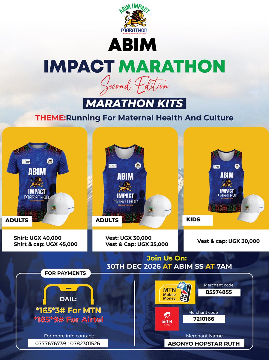Abimmarathon's tweet photo. OFFICIAL
📌📌📌

We have unveiled our beautiful kits for the Second Edition of the ABIM IMPACT MARATHON happening on 30th December 2026

Let ABIM DISTRICT be your X-mass holiday destination this year

#VisitAbim
#RunForAMother 

@GiftGrace01 ,@OjokOkot_ @QueenAkidi ,@OlengeTonny https://t.co/6ERUXaPM75