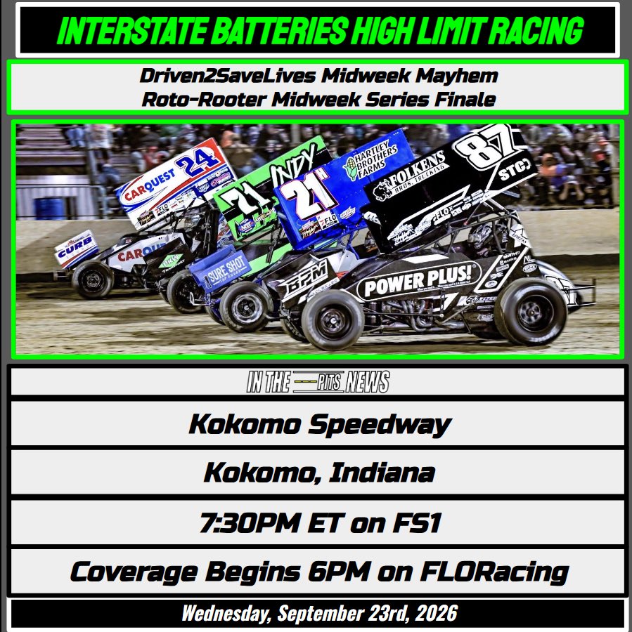 InThePitsNews's tweet photo. Race Day at Kokomo!

The High Rollers return to Kokomo Speedway to close out the Midweek Series season. Wednesday night sprint car racing will be aired live on FS1 for the final FOX Sports event of the year. https://t.co/gYLb79deb2