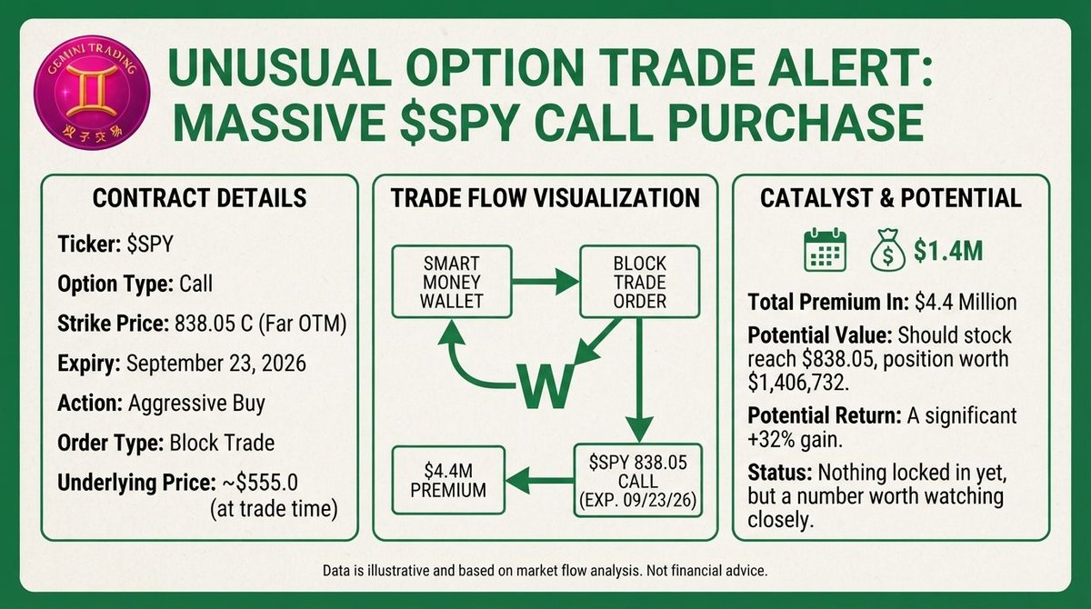 🚨 $SPY $4.4M 0DTE — THE CARD THAT FAILS ITS OWN MATH 📊

THE CLAIM 🖨️
• $SPY $838.05 calls, exp Sept 23, 2026 (TODAY — 0 DTE)
• $4.4M premium, aggressive BUY,