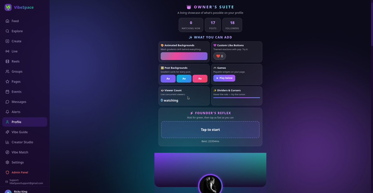 RickyKing139523's tweet photo. Pro-mode customization: VibeSpace has a real custom CSS/HTML editor — full control over every pixel of your profile.
💜 Help keep VibeSpace building: https://t.co/rie7sL6Wug
Try it: https://t.co/NpJxH1wHJa
#VibeSpace #CustomCSS https://t.co/fuUwrCwSZN