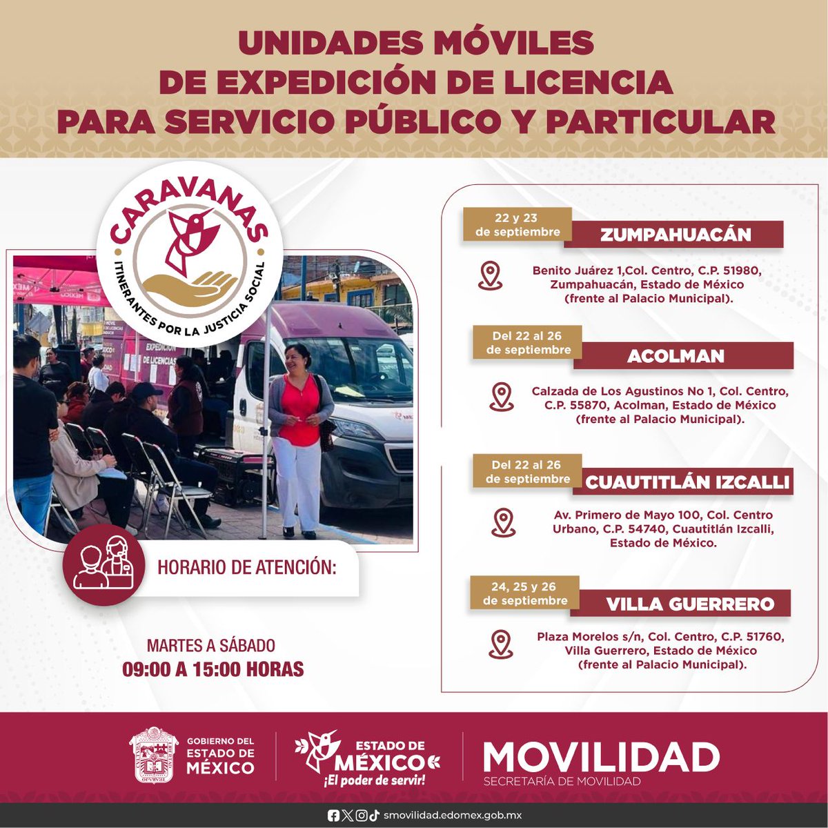 SEMOV_Edomex's tweet photo. ✅ Te informamos que las Caravanas Itinerantes por la Justicia Social estarán presentes en los siguientes municipios. Acércate y aprovecha los servicios que tenemos para ti. #ElPoderDeServir 

🔎 Consulta requisitos y costos en el siguiente link:
💻 https://t.co/NMYAWT2FC2 https://t.co/7BKsXDoIXG