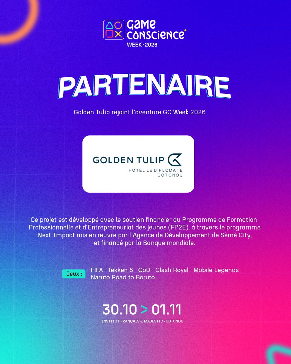 gcweekOff's tweet photo. LA FAMILLE S'AGRANDIT ! ✨

Nous sommes fiers d'accueillir GOLDEN TULIP LE DIPLOMATE COTONOU en tant que Partenaire Officiel de la GAME CONSCIENCE WEEK 2026 !

Merci à Golden Tulip pour sa confiance et son soutien dans l'accueil de notre invité très spécial... 

#GCW2026 https://t.co/G0hSCAxVSb