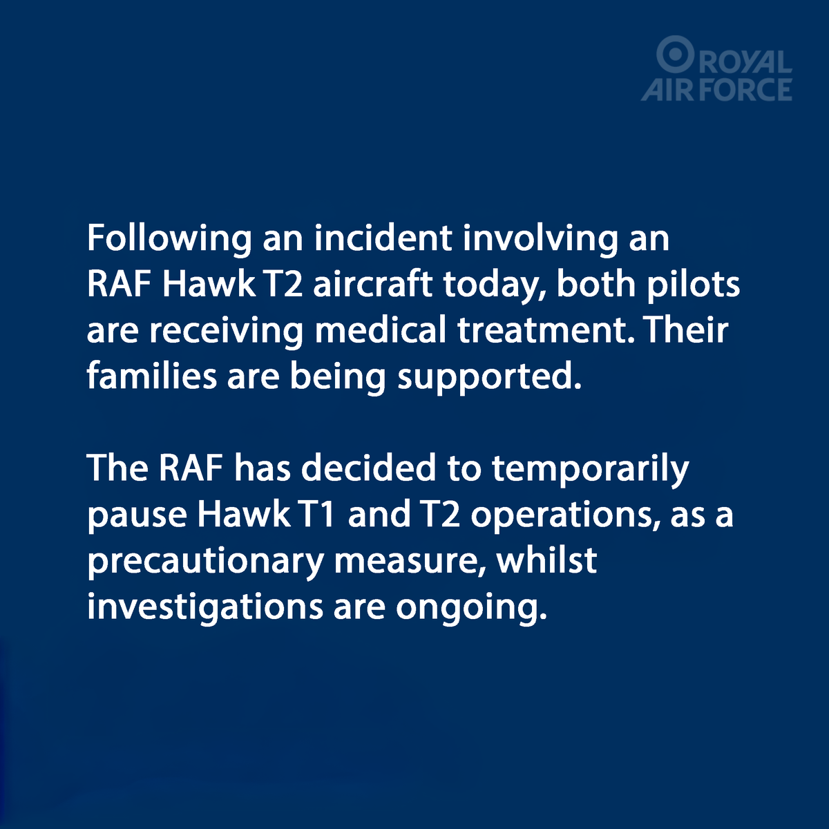 RoyalAirForce's tweet photo. An update on today's incident involving an RAF Hawk T2 aircraft. Thank you for the well wishes to our people. https://t.co/GLuWU9LfoN